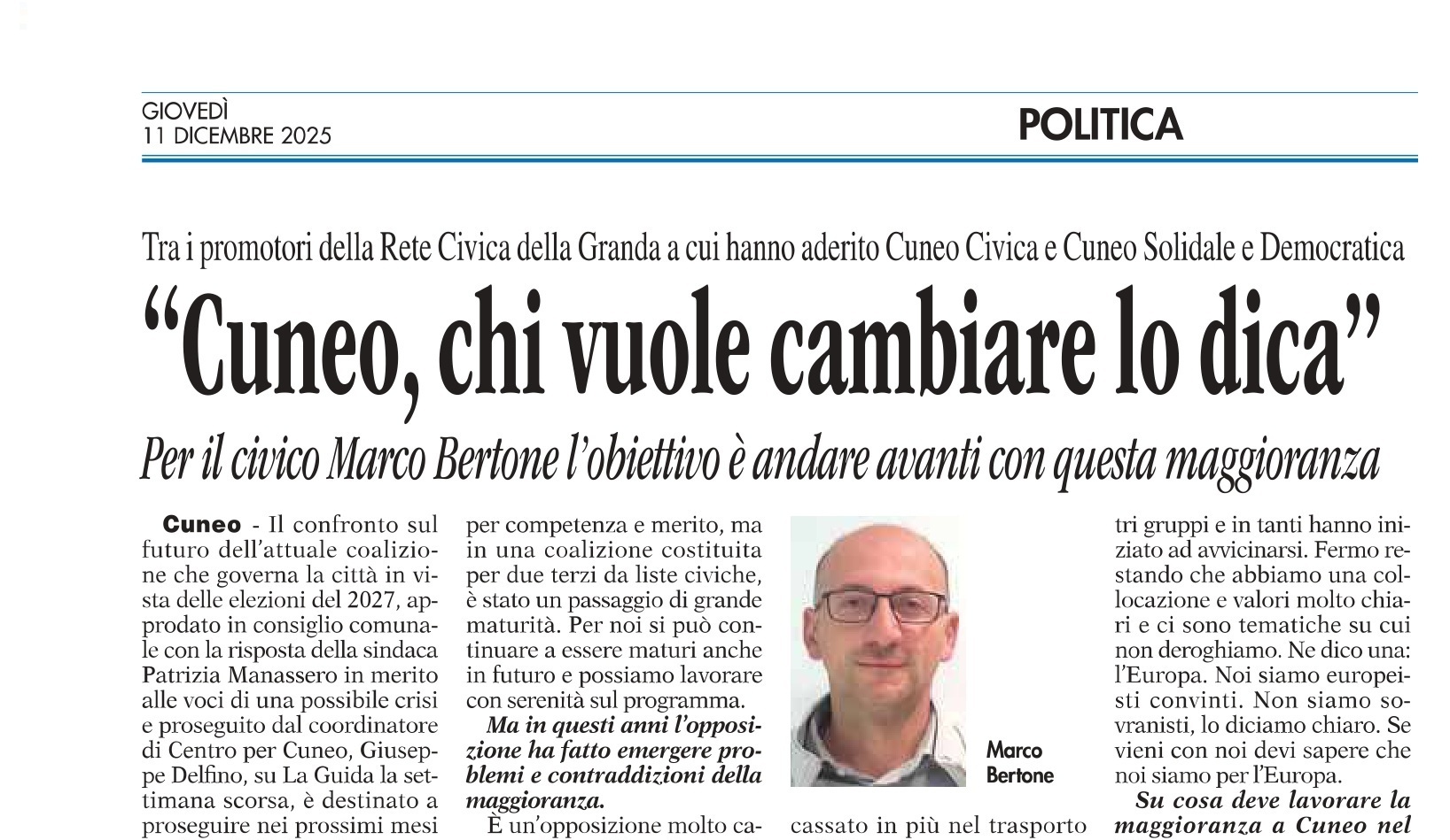 Cuneo Civica su La Guida – Intervista a Marco Bertone